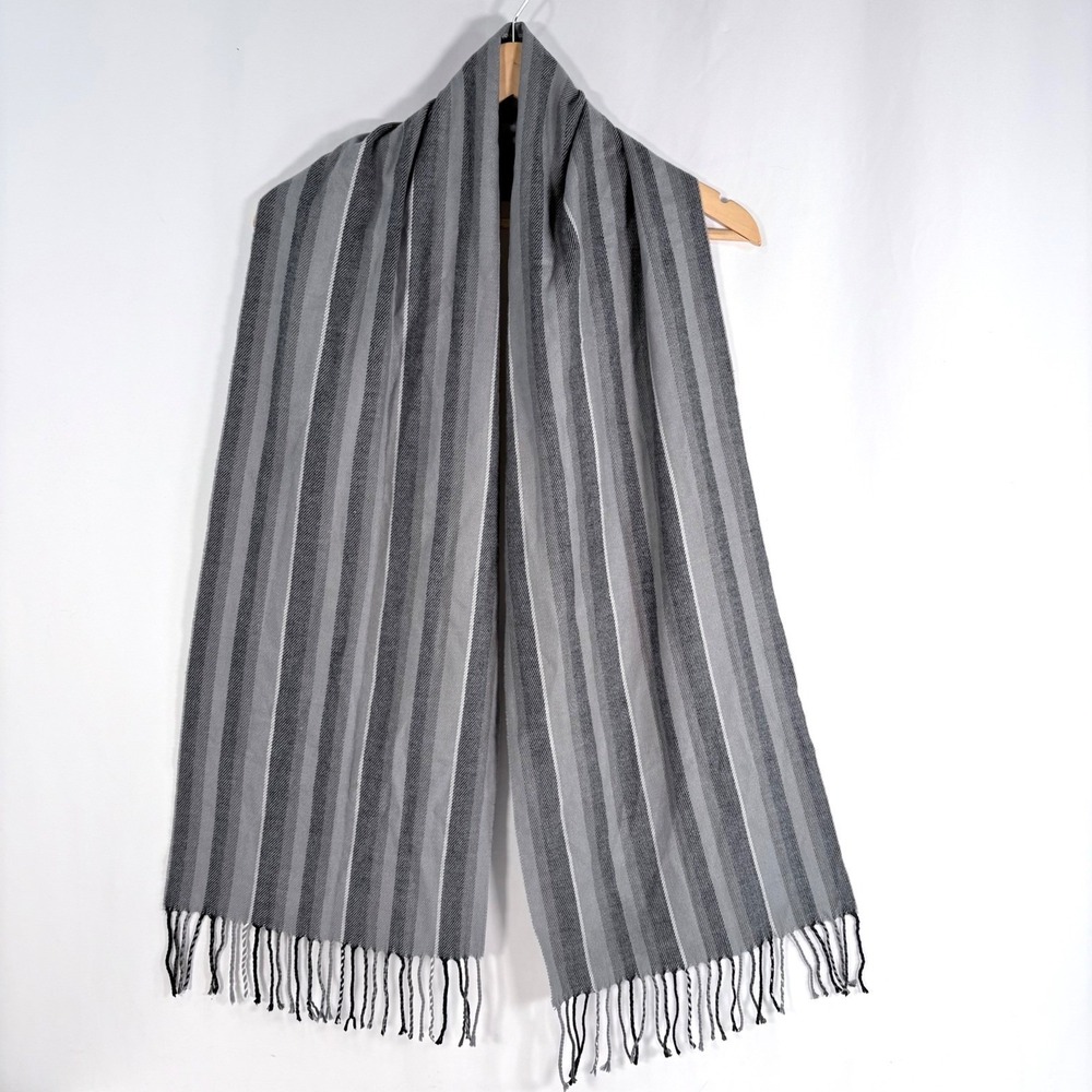 Italy Design Scarf Grey Striped Cashmere Blend Fringed Winter Wrap 12x68